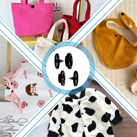 Live Snaps Buttons For Fabric 120 Sets Black T5 Resin Snap Fasteners 1/2 Inch For Clothing Diapers And Craft Projects Eco Friendly Durable Resin Snaps With Sturdy Storage Box shown with bibs, bags, and baby clothes.