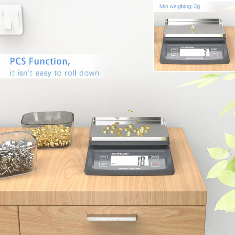 All In One Digital Scale For Postal And Kitchen 66lb 30kg With Battery, Stainless Steel Platform, on wooden surface weighing items