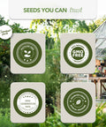 Product badges for Dope Garden Seed Kit With 50 Veggie, Herb And Flower Varieties For Easy Planting, pesticide free, GMO free.