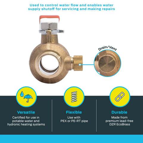 3/4 Inch Crimp Ball Valve With Drain For Brass Plumbing Fittings PEX And PE-RT Pipe Systems Durable Brass Construction