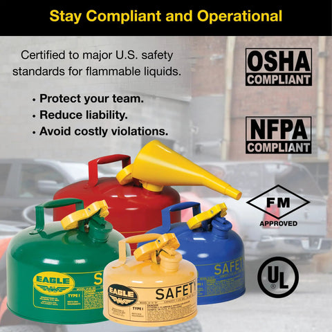 Heavy Duty 5 Gallon Type I Green Safety Gas Can That Keeps The Mess Away Built Like A Tank For Oil And Flammable Fluids features various compliant colors.