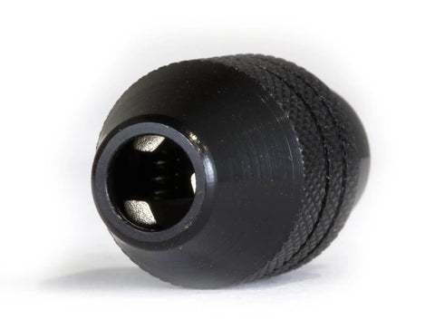 Keyless Rotary Tool Chuck for 1/32 Inch to 1/8 Inch Bits, three-jaw clamp, black material, close-up view.