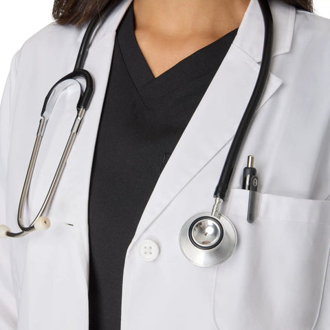 Close-up of Womens Scrubs Lab Coat With Five Pockets For Healthcare Designed For Comfort Fit And All Day Wear Soil And Water Resistant