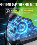 Close-up of Powerful Electric Wood Chipper Mulcher 15 Amp Motor graphics showing 4500 RPM speed.