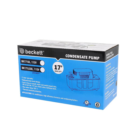 Box of BK171UL Condensate Pump With Safety Switch For HVAC Systems 115V 17 Ft Lift 112 GPH Auto On Off, Quiet Durable Black