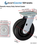 Heavy Duty Industrial Casters With Six Inch Phenolic Wheels And Four Swivel Mounts For Smooth Rolling Loads Up To 4800 Lbs Per Set showing dimensions and details.