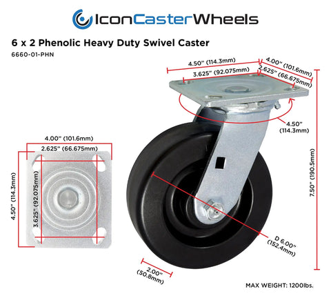 Heavy Duty Industrial Casters With Six Inch Phenolic Wheels And Four Swivel Mounts For Smooth Rolling Loads Up To 4800 Lbs Per Set showing dimensions and details.