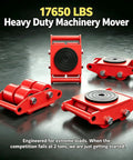 Heavy Duty 4PCS Machine Skates For Big Rig Moves showing red dolly wheels, 8 ton capacity, carbon steel, and 360-degree swivel casters.