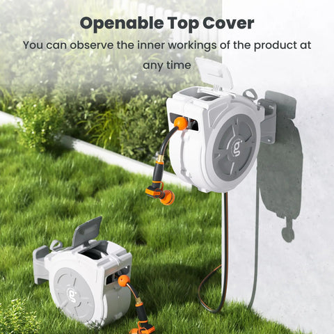 Retractable Hose Reel 1/2 Inch By 65 Feet Heavy Duty Water Hose Reel with open top cover and nine function sprayer nozzle