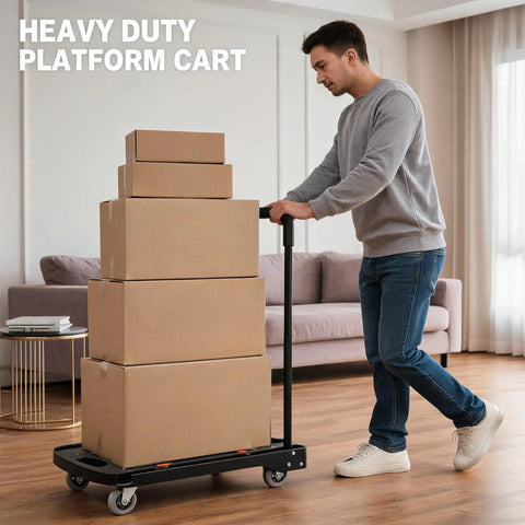 Heavy Duty Folding Platform Cart With Four 360 Degree Swivel Wheels 330 Lb Capacity Non Slip Deck Collapsible Handle For Easy Storage A Real Workhorse For Warehouse Or Home Use with stacked boxes indoors