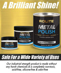 Product packaging for Rolite Metal Polish, designed for aluminum and stainless steel, shown in multiple sizes, industrial strength.