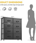 Dimensions of Roomy 8-Drawer Fabric Dresser For Bedroom Closet Dorm And Living Room with mannequin for size scale.