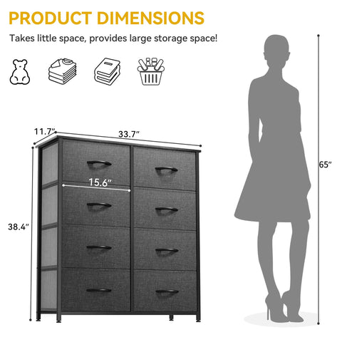 Dimensions of Roomy 8-Drawer Fabric Dresser For Bedroom Closet Dorm And Living Room with mannequin for size scale.
