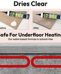 Before and after application of Extra Strength Floor And Tile Adhesive For Loose Or Hollow Tiles And Squeaky Wood Floors, All In One Repair Solution With A 5/64 Inch Stainless Steel Injection Tip And Anti Clog Cap, 10.1 Fl Oz, Delivers Quick No Brainer Fix, showing clear drying and compatibility with underfloor heating.
