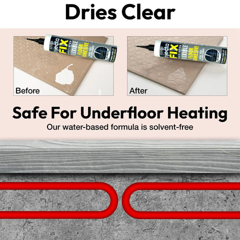 Before and after application of Extra Strength Floor And Tile Adhesive For Loose Or Hollow Tiles And Squeaky Wood Floors, All In One Repair Solution With A 5/64 Inch Stainless Steel Injection Tip And Anti Clog Cap, 10.1 Fl Oz, Delivers Quick No Brainer Fix, showing clear drying and compatibility with underfloor heating.