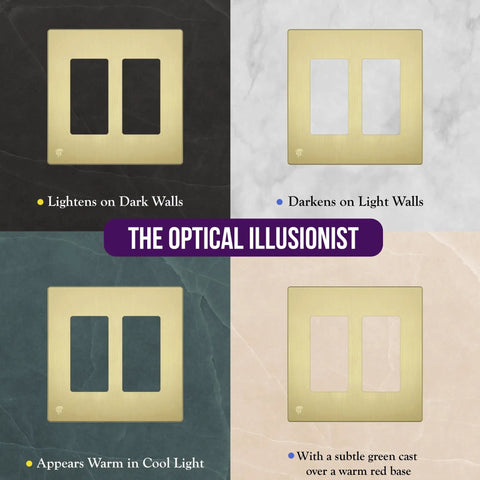 Screwless Decorator Wall Plate 2-Gang Brushed Gold Outlet Cover in various lighting and wall color conditions