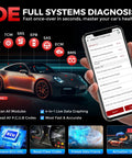 Hand holding phone showing Bluetooth OBD2 Scanner Must Have For All System Bidirectional Diagnostics Works With iOS And Android.