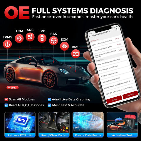 Hand holding phone showing Bluetooth OBD2 Scanner Must Have For All System Bidirectional Diagnostics Works With iOS And Android.