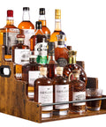 Four Tier Stadium Style Liquor Bottle Display Shelf 16 Inch Rustic Wood Rack For Bottles And Syrups with various bottles
