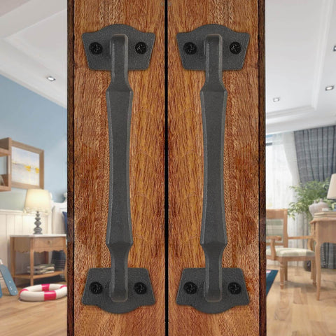 10 Inch Sliding Barn Door Handle Heavy Duty Rustic Barn Pull For DIY Sliding Door Gate Shed Garage Matte Black Square Solid Metal With Durable Mounting Hardware installed on wooden door