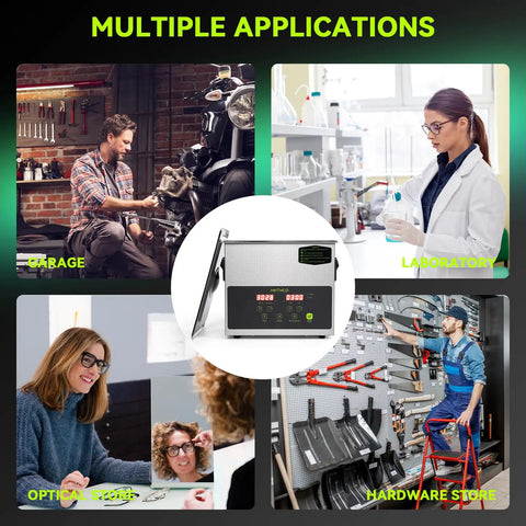 Workhorse Commercial Ultrasonic Cleaner With Heating And Degas Mode in multiple applications including garage, laboratory, and optical store.