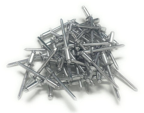 Pile of aluminum countersunk head blind rivets pop rivets 3/16 x 1/4 inch, 50 count, for aircraft, boats, race cars, and DIY builds