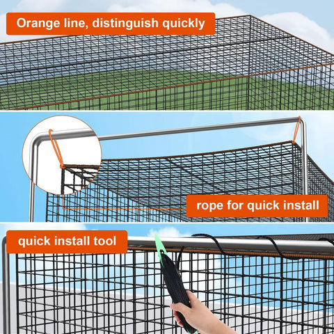 Batting Cage Net 10x10x35 Ft Heavy Duty Enclosed Net With Door Only Net No Poles Or Frame Backyard Softball Baseball Hitting And Pitching Net For Backyard Practice showing quick installation features with orange line and tool.