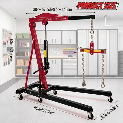Top Shelf 2 Ton Hydraulic Engine Hoist Foldable Cherry Picker With Quad Position Telescopic Boom 4400 Lbs Capacity dimensions in garage