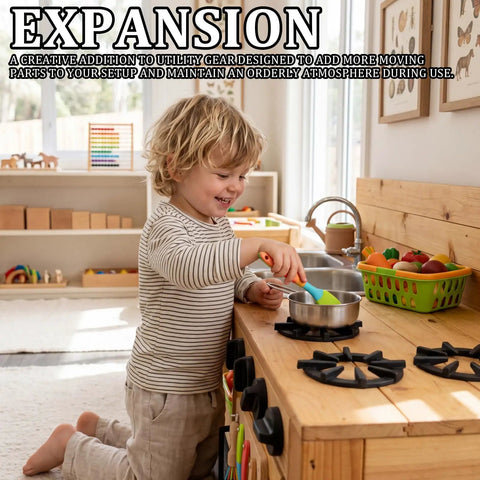 Chill Backyard Playtime: 9 Piece Mud Kitchen Set With Realistic Grill Burner And Rotating Knobs For Immersive Pretend Outdoor Cooking Fun, child playing at wooden mud kitchen