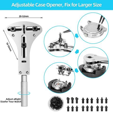Adjustable watch case opener tool for Pro Grade 151 Tools Watch Repair Kit For Battery Replacement And Strap Removal.