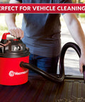 Pro Grade 2.5 Gallon Wet Dry Shop Vac Featuring Wall Mount Storage And Killer Suction Motor For Rapid Garage Sweeps Durable Carry Handle Design In Fiery Red used for vehicle cleaning.