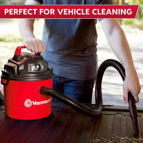 Pro Grade 2.5 Gallon Wet Dry Shop Vac Featuring Wall Mount Storage And Killer Suction Motor For Rapid Garage Sweeps Durable Carry Handle Design In Fiery Red used for vehicle cleaning.
