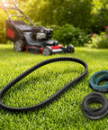 Three Piece Lawn Mower Deck Drive Belt Kit For Toro TimeMaster 30 Inch Deck on grass with mower in background