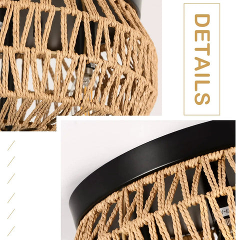 Close-up of handwoven cage shade on Three Light Woven Rattan Flush Mount Ceiling Light Fixture for Bedroom Kitchen Foyer Porch