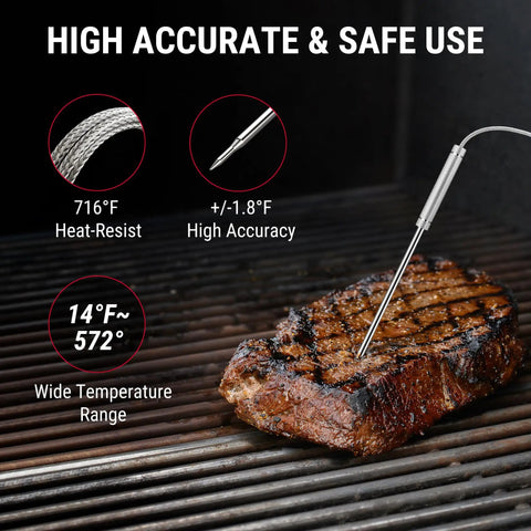 650 Ft Wireless Bluetooth Meat Thermometer With Dual Probes For Grilling And Smoking inserted in grilled steak for temperature check
