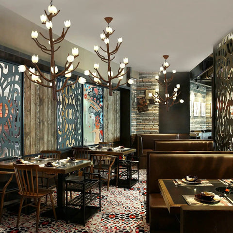 Top Shelf Chinese Magnolia Branch Chandelier in restaurant, modern pendant light with brown finish and bright bulbs.