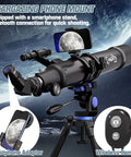 High Powered 90mm Refractor Telescope With 800mm Focal Length On Simple AZ Mount For Adults And Beginners, Stellar Optics For Kids, Includes Phone Adapter And Portable Travel Carry Bag For Stargazing, shown with smartphone adapter and remote.