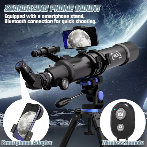 High Powered 90mm Refractor Telescope With 800mm Focal Length On Simple AZ Mount For Adults And Beginners, Stellar Optics For Kids, Includes Phone Adapter And Portable Travel Carry Bag For Stargazing, shown with smartphone adapter and remote.