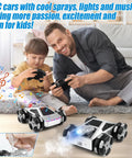 Father and son playing with All Terrain 4WD High Speed Remote Control Monster Truck 1:16 Scale, 2.4GHz RC Car With LED Lights And Spray indoors.