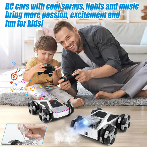 Father and son playing with All Terrain 4WD High Speed Remote Control Monster Truck 1:16 Scale, 2.4GHz RC Car With LED Lights And Spray indoors.