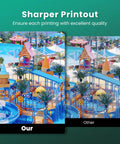 Comparison of print quality showing vibrant colors in water park image titled 'Our' versus dull colors in 'Other' photo.