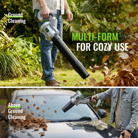 Man using Cordless Leaf Blower With 680 CFM, 2x 4.0Ah Batteries And Charger, lightweight for ground and car leaf clearing.
