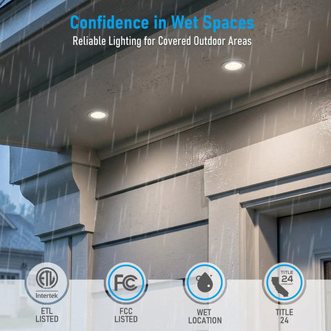 TORCHSTAR 6-Pack 5CCT 3 Inch LED Recessed Lighting, Anti-Glare, CRI90 installed in wet outdoor area under eave.