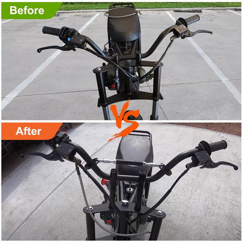 Before and after of 7/8 Inch Handlebar Risers Clamp for Dirt Bikes and Mini Bikes 22mm mount installation on Razor MX series