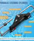 Beefed Up 150HP Outboard Hydraulic Steering Kit With Hydraulic Pump Cylinder Two 26 Foot Nylon Hoses And Plug And Play Installation Accessories For Smooth Responsive Boat Handling showing hydraulic cylinder.