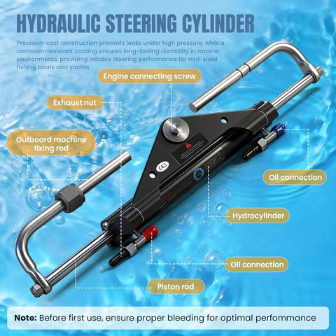 Beefed Up 150HP Outboard Hydraulic Steering Kit With Hydraulic Pump Cylinder Two 26 Foot Nylon Hoses And Plug And Play Installation Accessories For Smooth Responsive Boat Handling showing hydraulic cylinder.