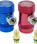 R1234yf Quick Coupler Adapter Kit With High And Low Pressure Fittings For Easy Evacuation And Recharging Of Automotive AC Systems Universal Compatibility With Standard Manifold Kits Pro Grade Line Repair Set Of 2, showing red and blue adapters with brass fittings.