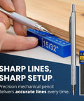 Close-up of mechanical pencil marking wood on Pro Grade Aluminum Setup Blocks For Woodworking Speed Up Your Setup With Height Gauge Blocks