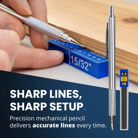 Close-up of mechanical pencil marking wood on Pro Grade Aluminum Setup Blocks For Woodworking Speed Up Your Setup With Height Gauge Blocks