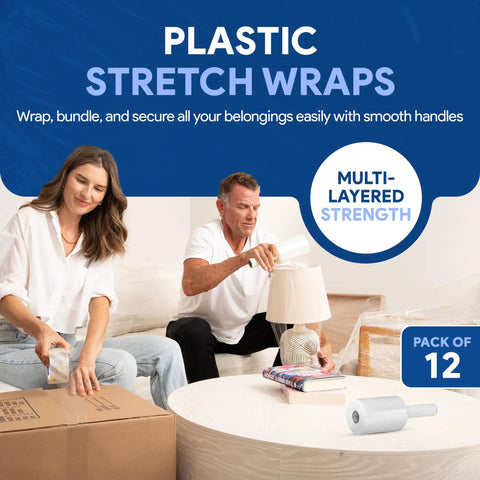 People using 12 Pack 5 Inch By 1000 Foot Stretch Film Wrap With Handles For Moving And Storage, 3 Inch Core, Easy Grip Packaging Film